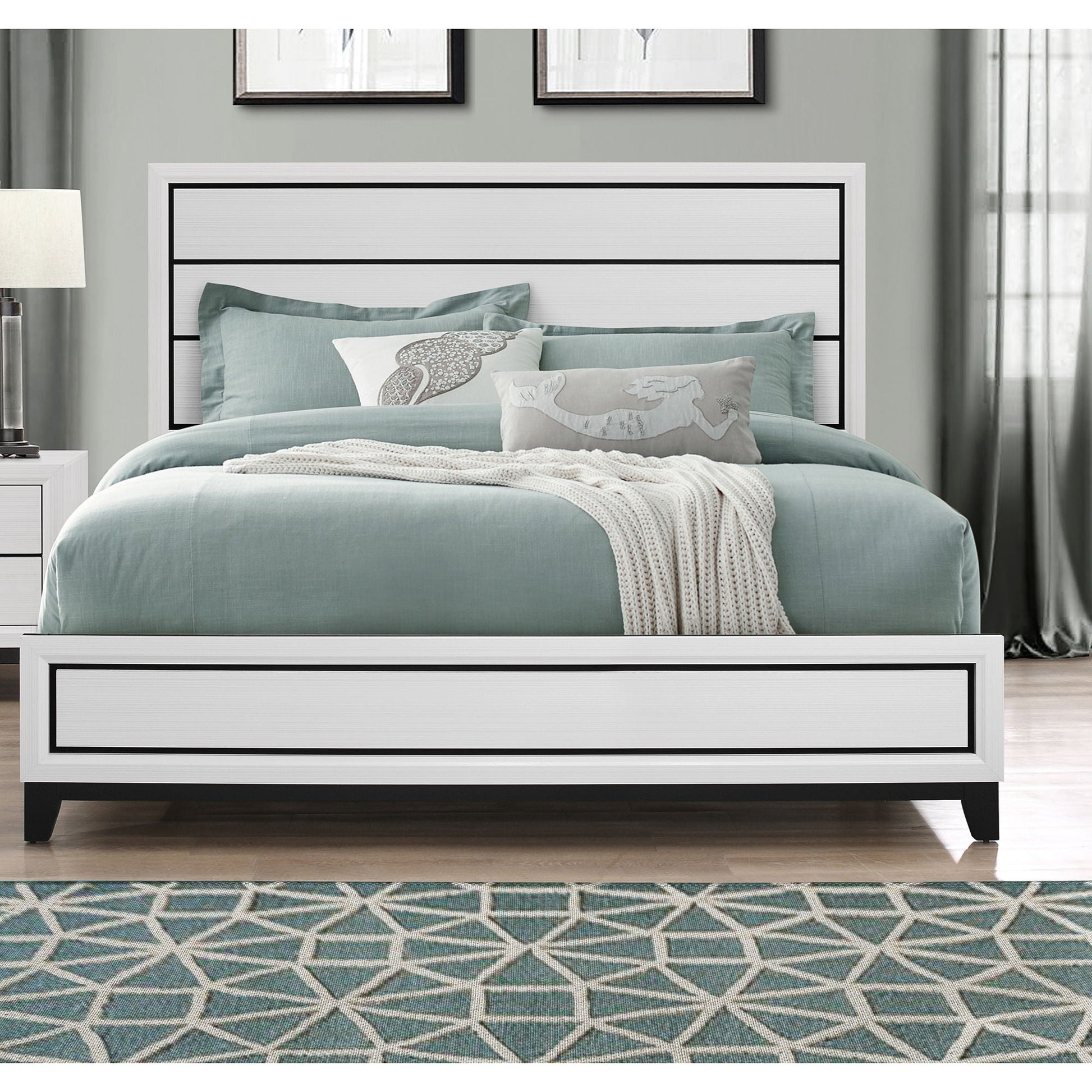 Mirage Bed by HouseOfZazla, white panel bed with black trim and teal bedding on Tampa Home & Garden Store