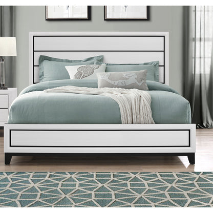 Mirage Bed by HouseOfZazla, white panel bed with black trim and teal bedding on Tampa Home & Garden Store