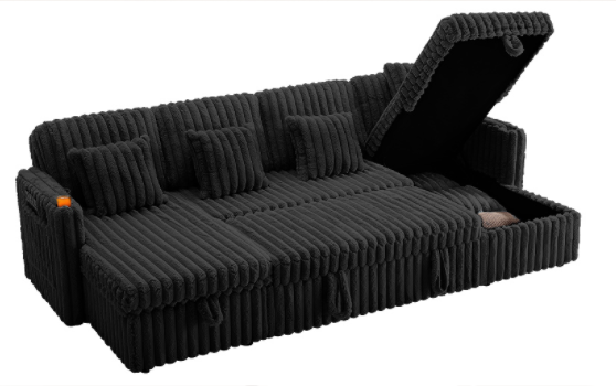 U Shaped Plush Corduroy Fluffy Sectional Sleeper Sofa by HouseOfZazla with lift-top storage on Tampa Home & Garden Store