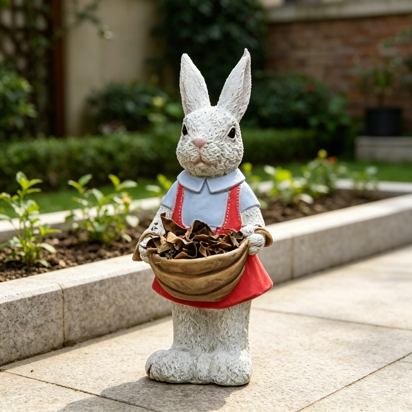 Charming hand-painted rabbit garden statue by HouseOfZazla, gray stone finish, blue shirt with red suspenders, basket on Tampa Home & Garden Store