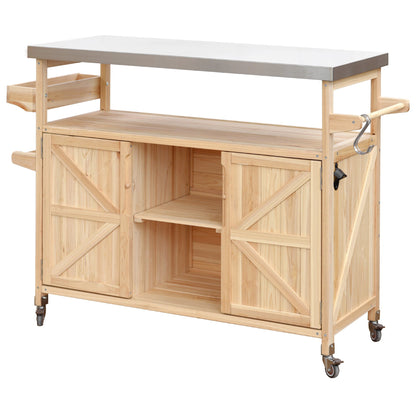K&K Outdoor Kitchen Island rolling bar cart with stainless steel top on natural wood frame and casters on Tampa Home & Garden Store