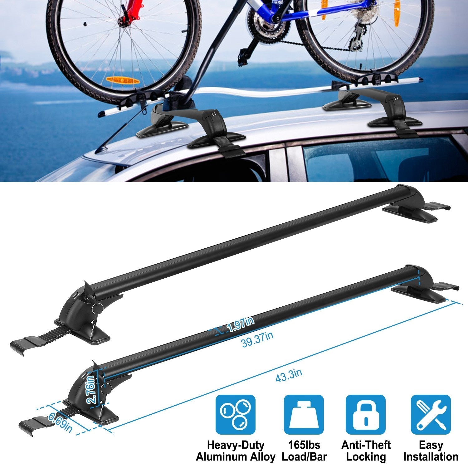 GemGear 2-Piece 110cm roof rack cross bars anti-theft locks heavy aluminum alloy on Tampa Home & Garden Store