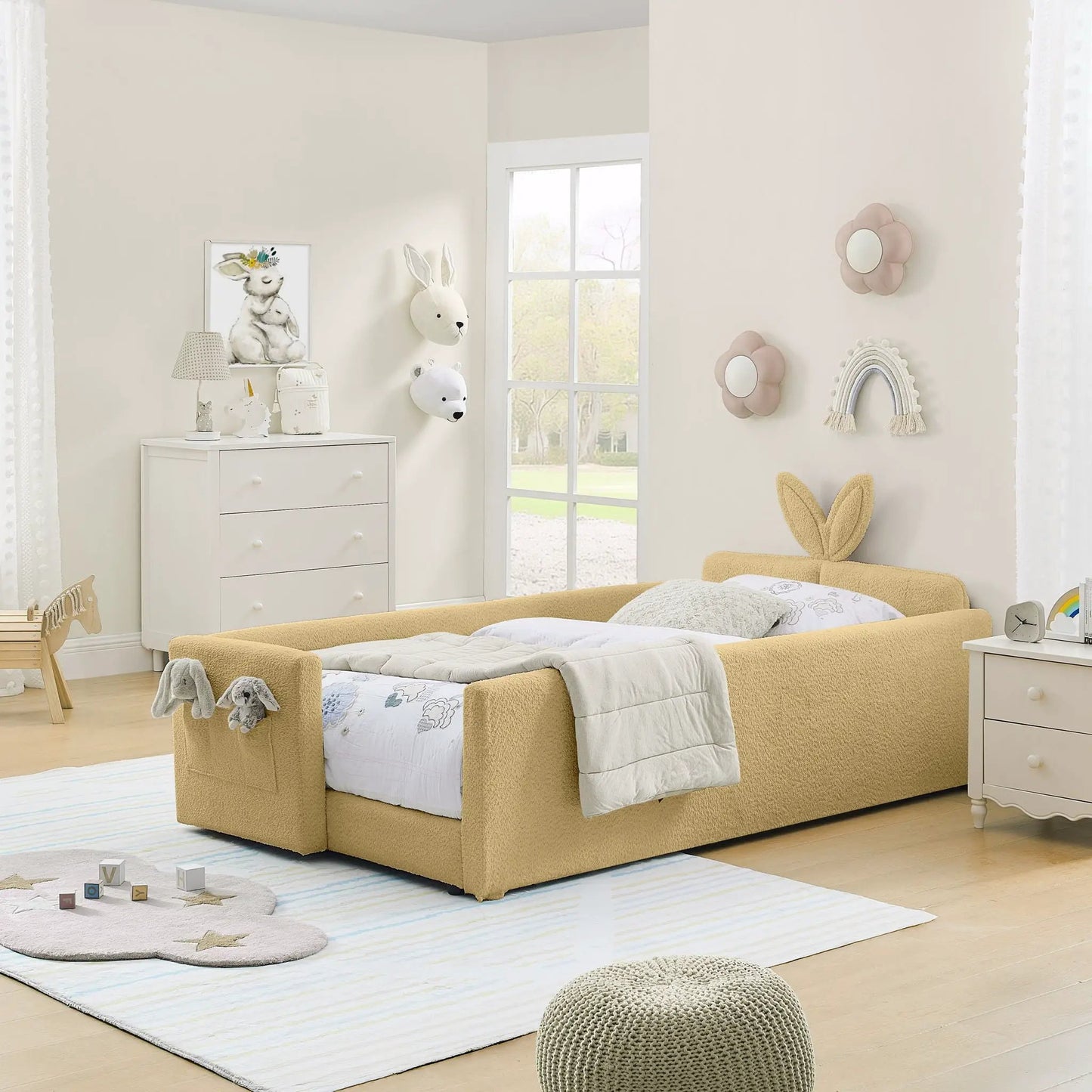 Rabbit-ear upholstered platform bed frame with safety rail in warm yellow by Unique Piece Furniture on Tampa Home & Garden Store