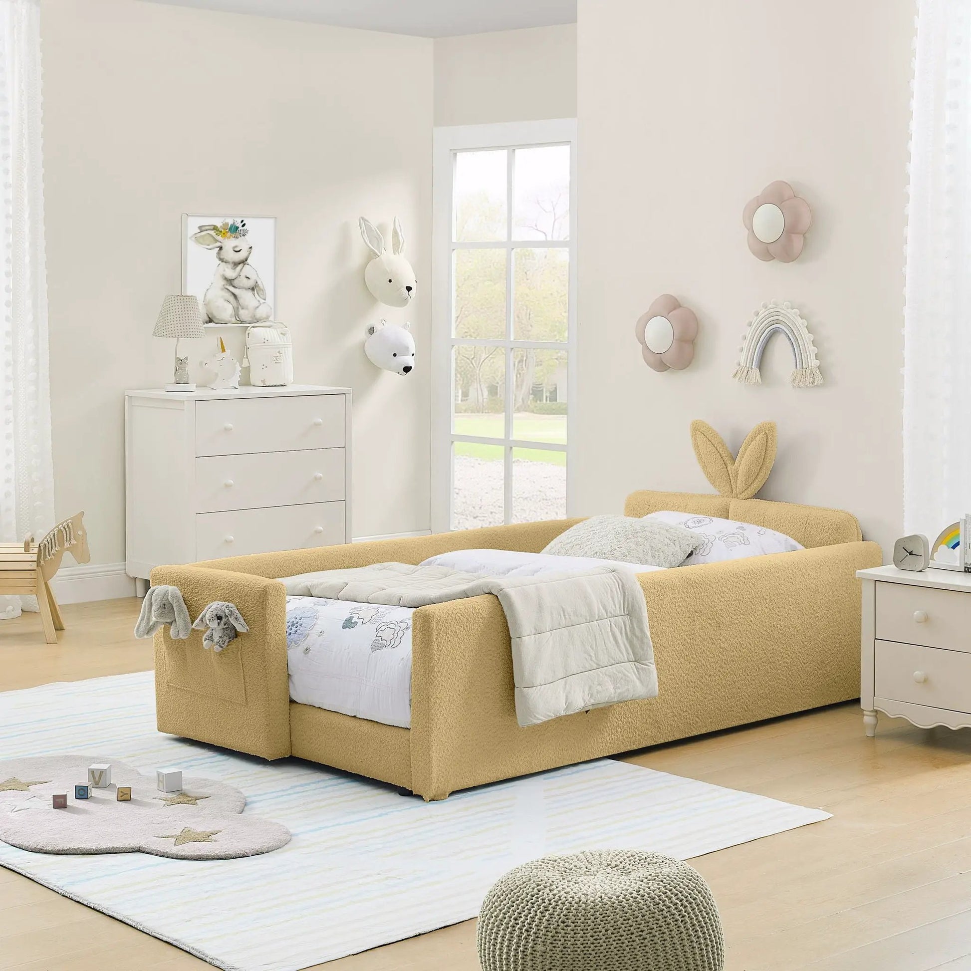 Rabbit-ear upholstered platform bed frame with safety rail in warm yellow by Unique Piece Furniture on Tampa Home & Garden Store