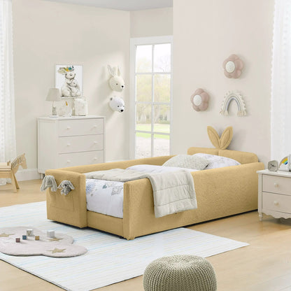 Rabbit-ear upholstered platform bed frame with safety rail in warm yellow by Unique Piece Furniture on Tampa Home & Garden Store