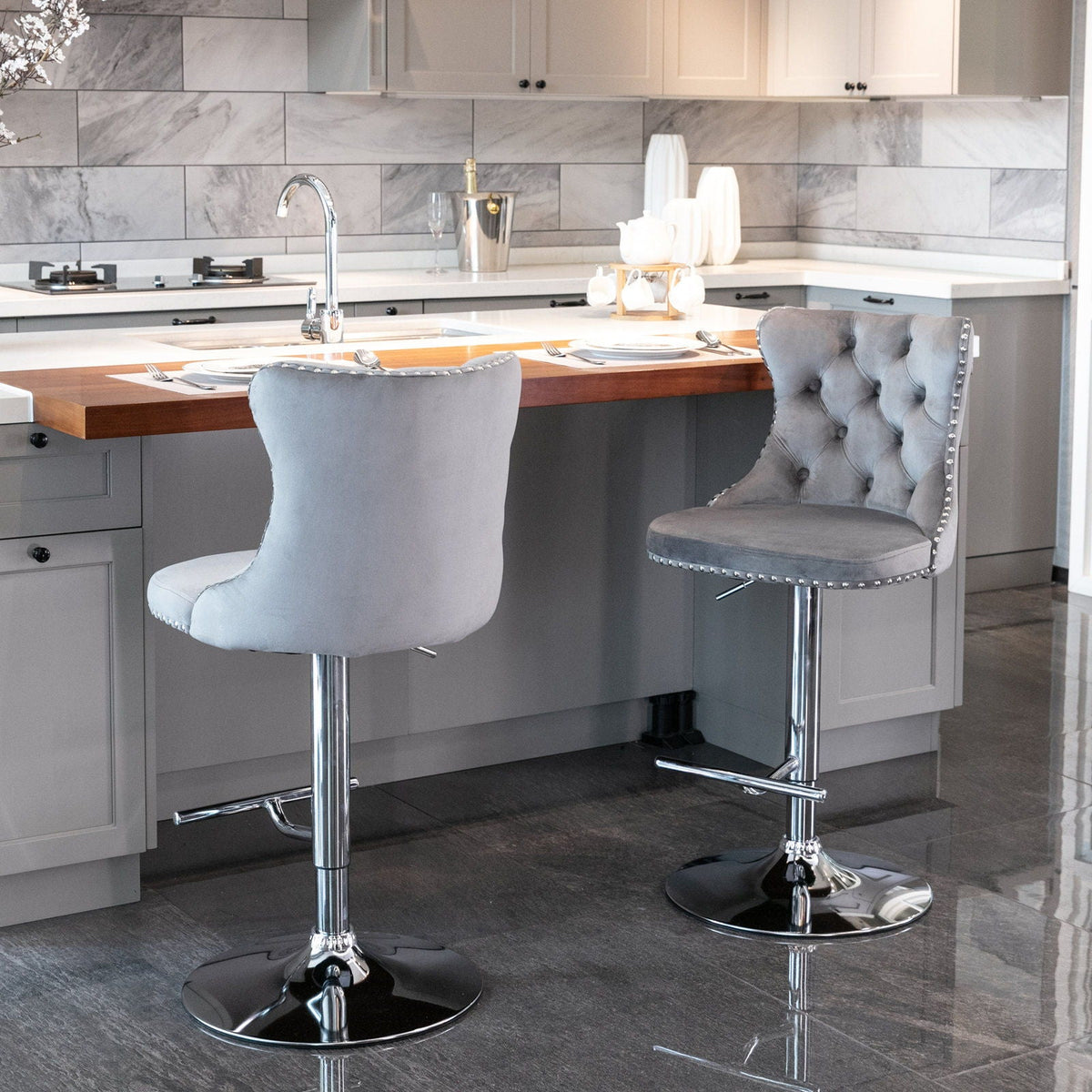 Swivel adjustable-height bar stools set of 2, gray tufted upholstery with chrome bases on Tampa Home & Garden Store