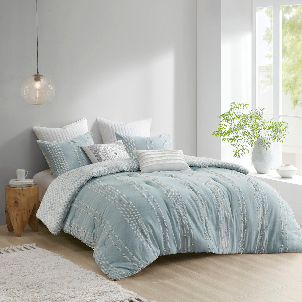 Cotton Jacquard Reversible Aqua and Ivory Set
