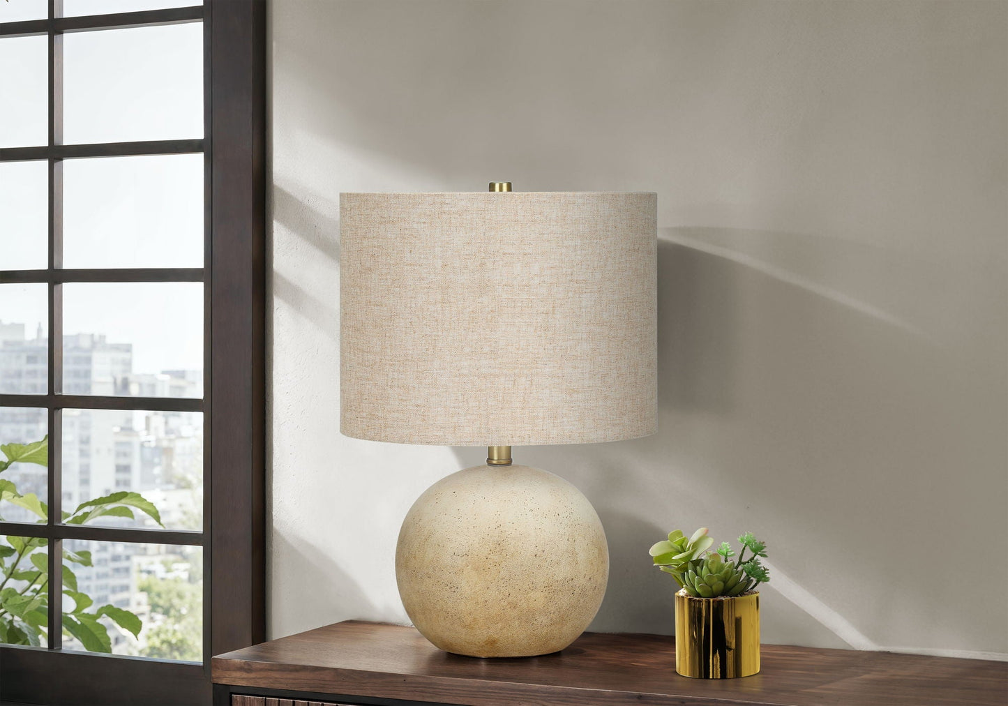 HouseOfZazla table lamp with beige fabric shade and speckled ceramic base on Tampa Home & Garden Store