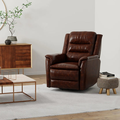 Swivel Recliner with Manual Adjustable Footrest brown leather beside a wooden cabinet on Tampa Home & Garden Store