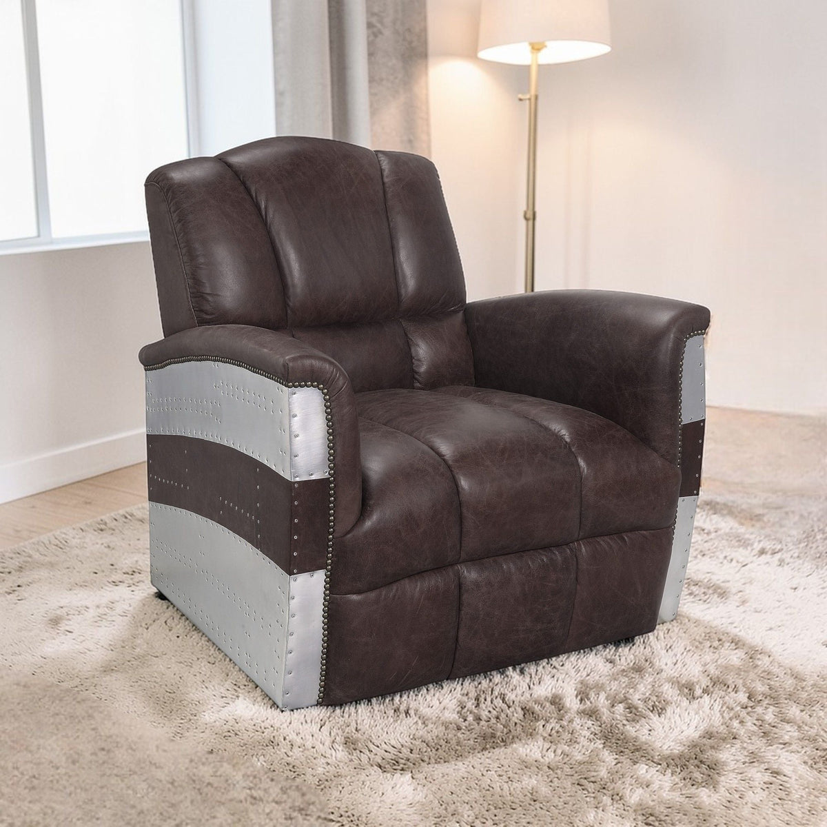 Brown leather arm chair with patchwork aluminum frame by HouseOfZazla on Tampa Home & Garden Store