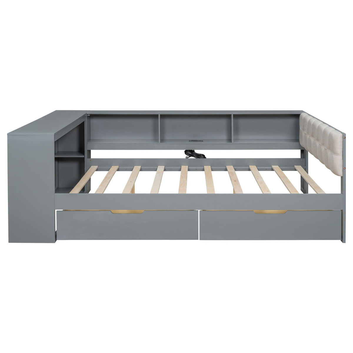 Gray storage bed frame with open cubbies and two front drawers; beige upholstered headboard on Tampa Home & Garden Store
