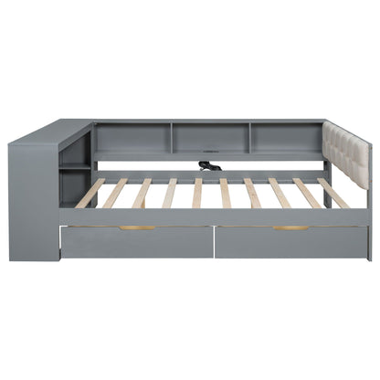 Gray storage bed frame with open cubbies and two front drawers; beige upholstered headboard on Tampa Home & Garden Store