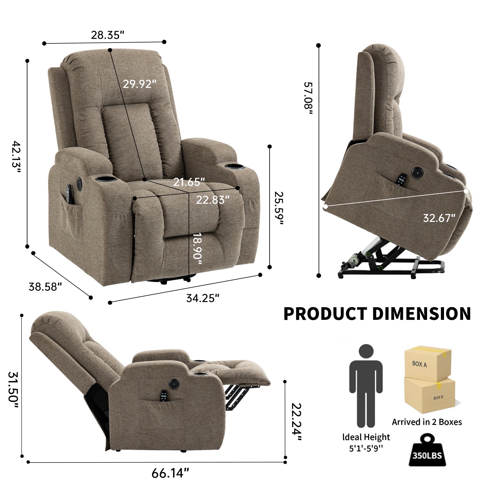 Power Lift Recliner Chair with Massage and Heat in taupe fabric; cupholders by HouseOfZazla on Tampa Home & Garden Store