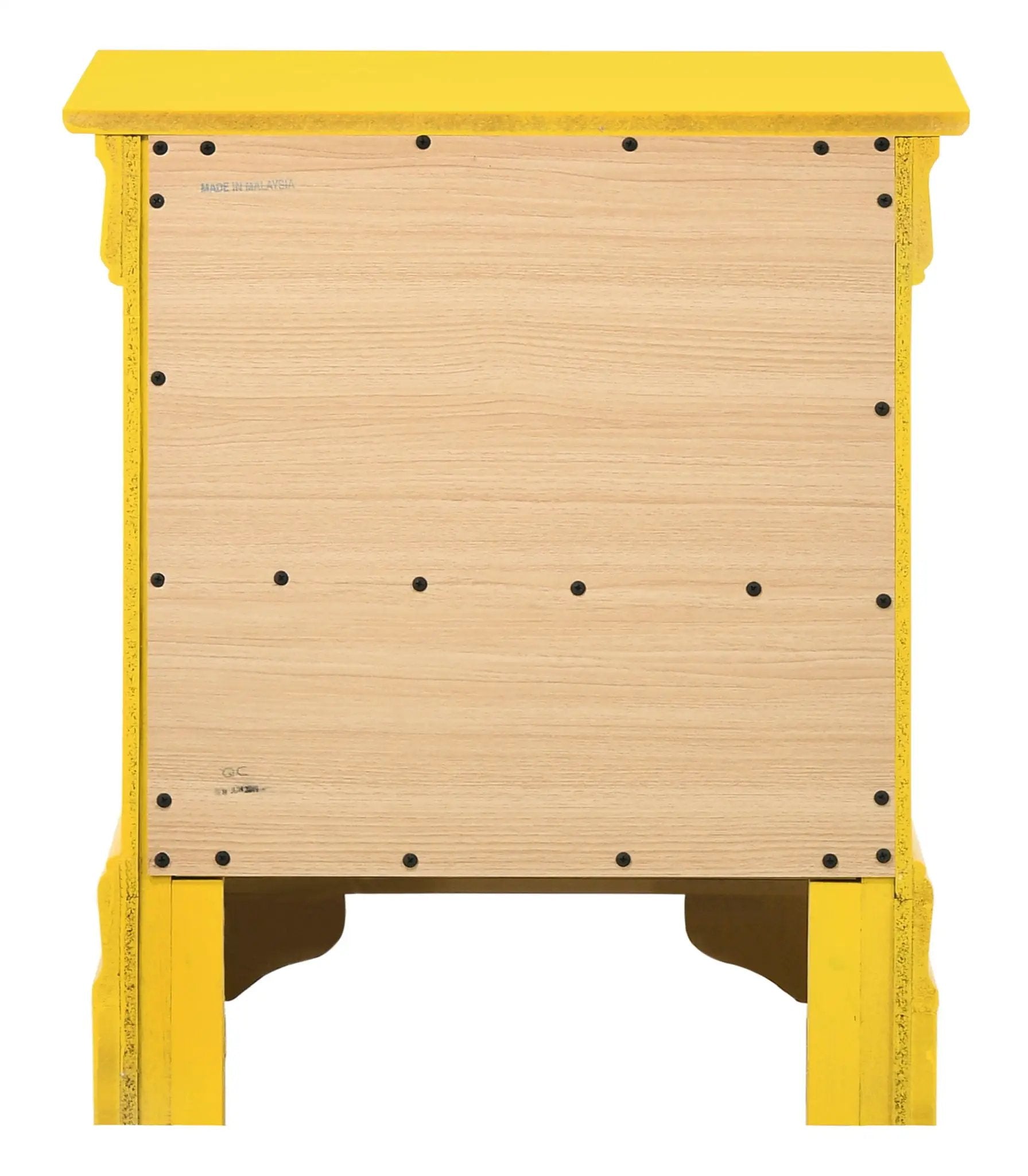 Traditional style nightstand with bright yellow frame and natural wood back panel on Tampa Home & Garden Store