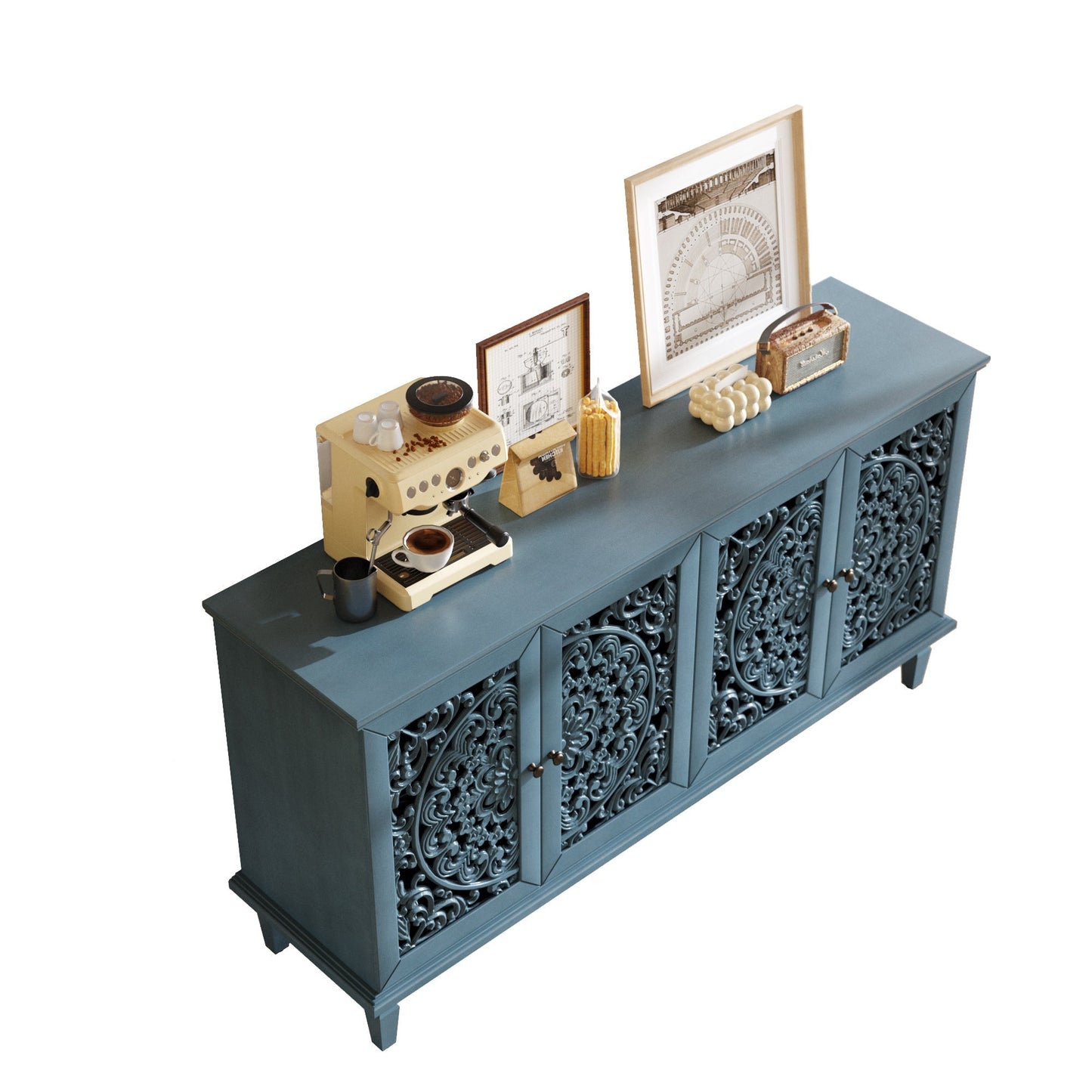 60in antique blue buffet with floral carvings; adjustable shelves on Tampa Home & Garden Store