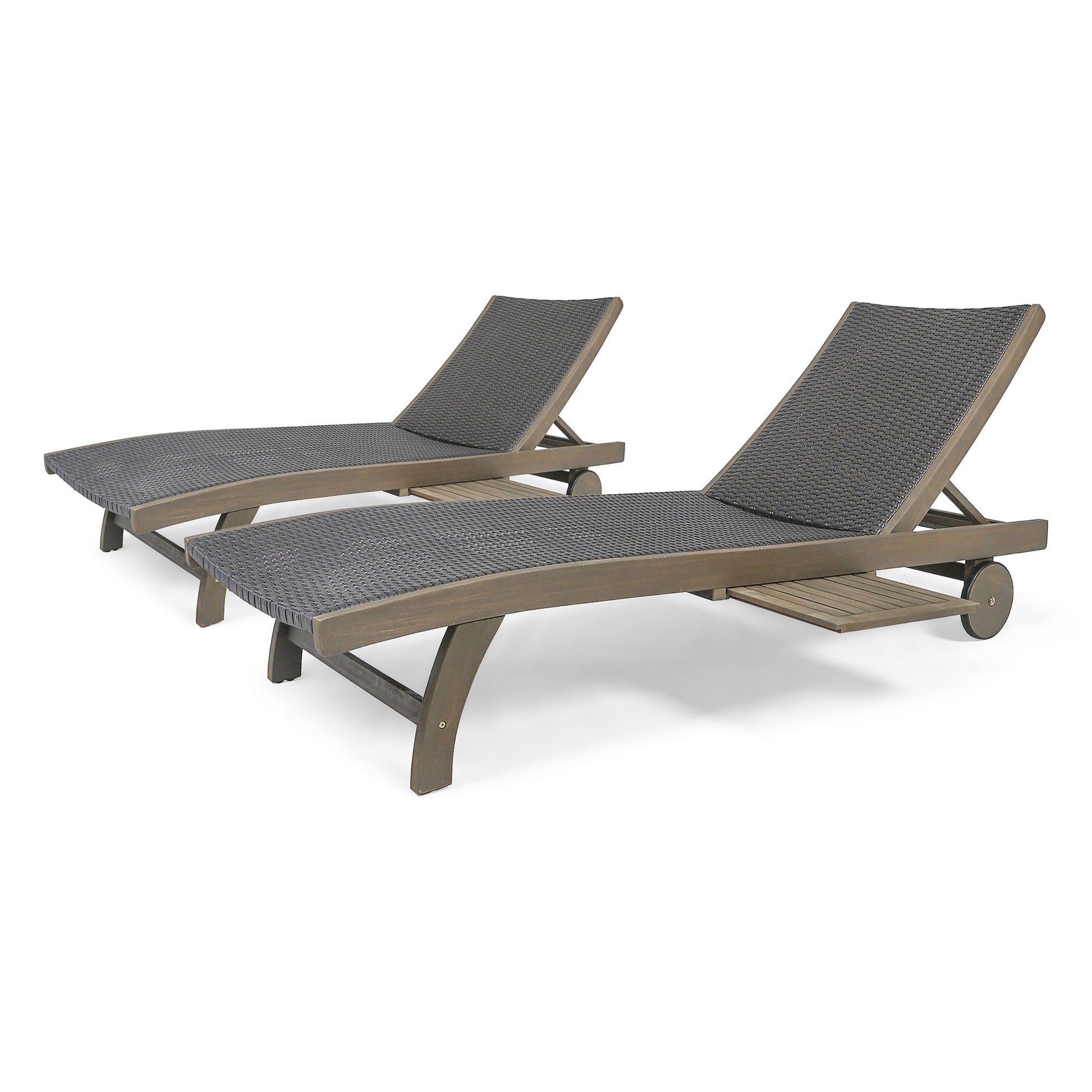 Pair of outdoor chaise lounges with gray wicker, pull-out tray and adjustable backs on Tampa Home & Garden Store