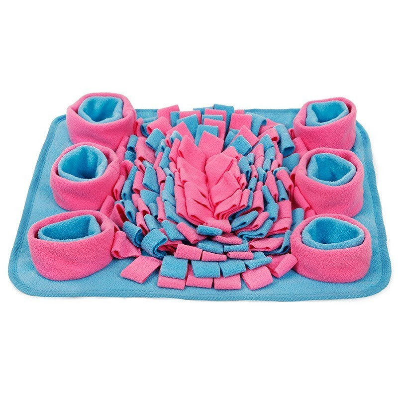 Dog snuffle mat puzzle toy with eight pink tubes on blue base, pink strips by Sell My Stuff on Tampa Home & Garden Store
