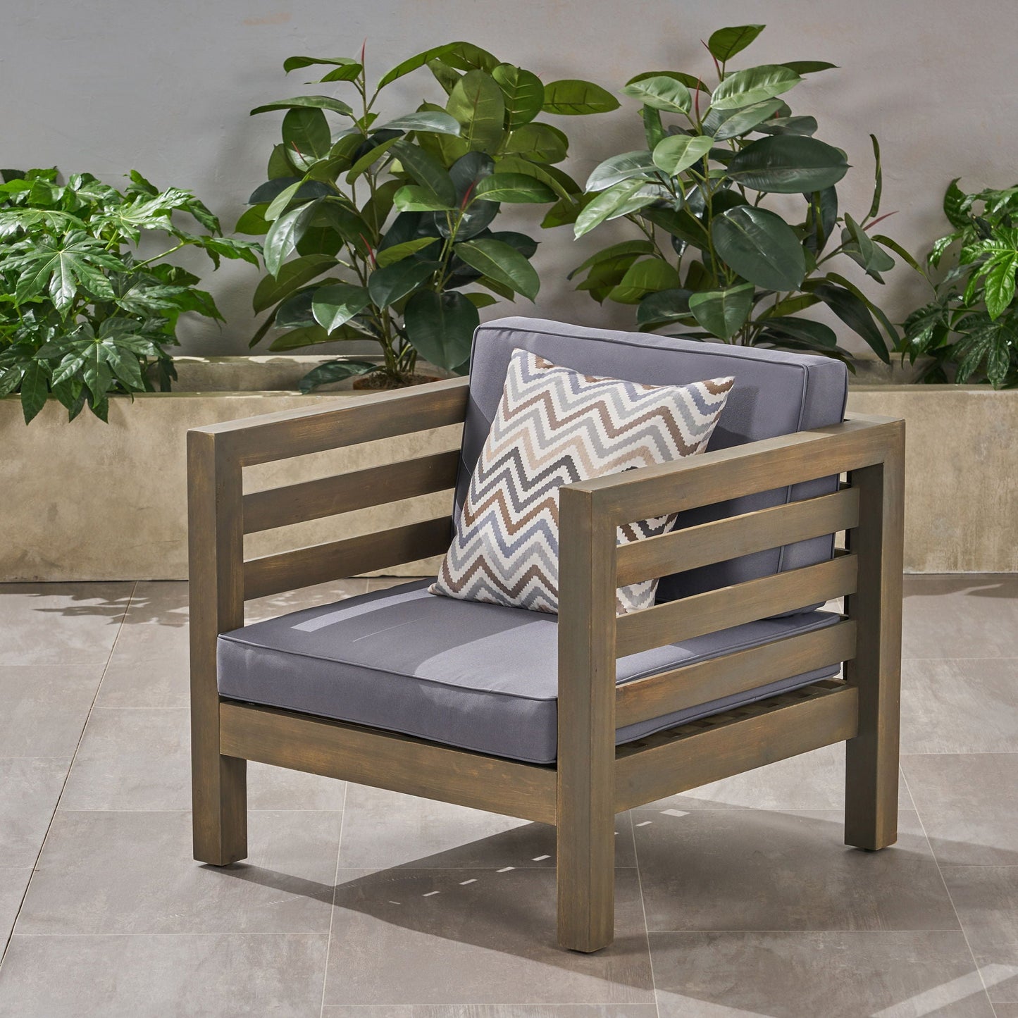 Outdoor Acacia Wood Patio Chair with Fabric Cushions, gray fabric, HouseOfZazla on Tampa Home & Garden Store