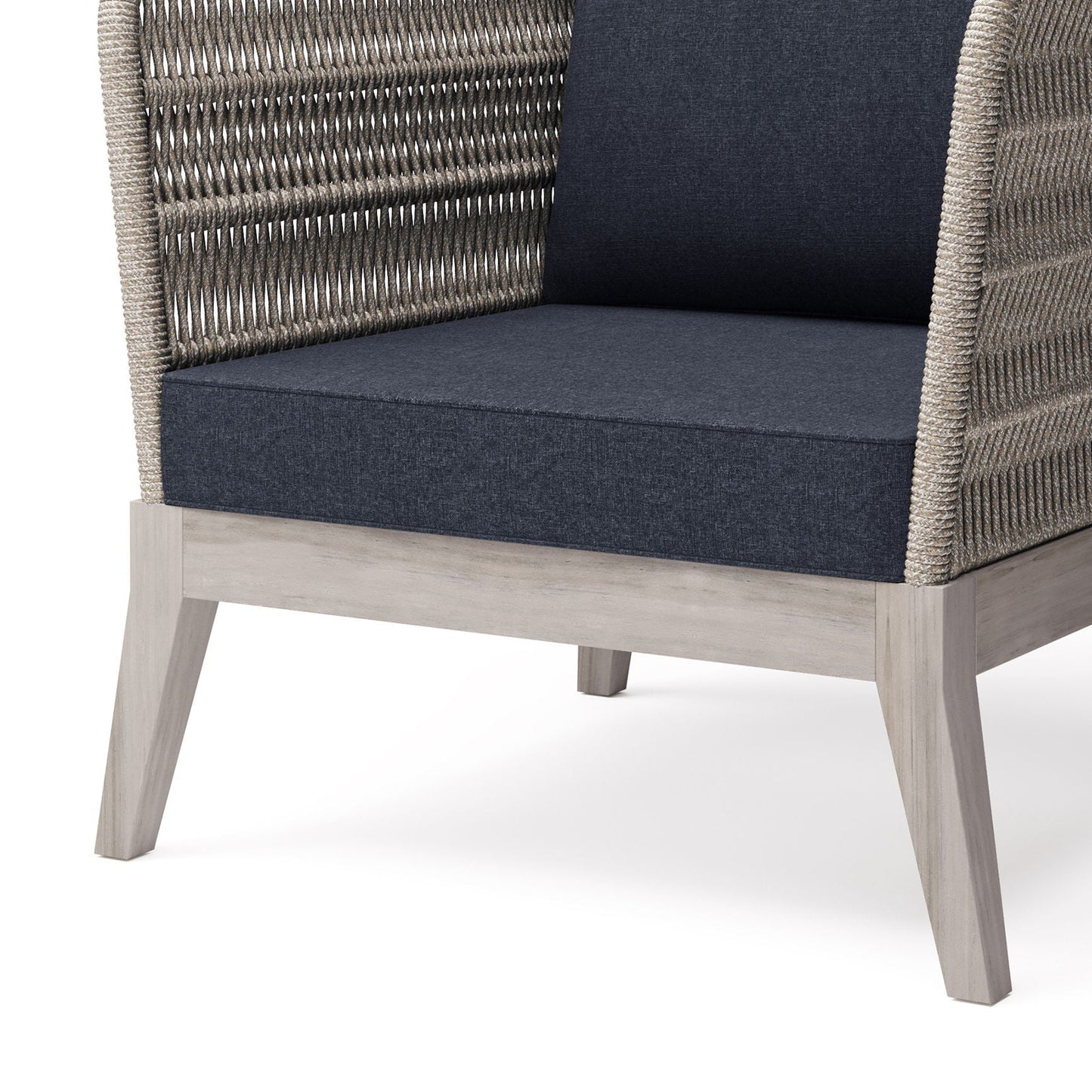 Santiago conversation chair, slate gray cushions, woven rattan frame, light wood legs on Tampa Home & Garden Store