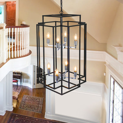 18' Modern 8-Light Black & Chrome Geometric Pendant Chandelier hanging in stairwell on Tampa Home & Garden Store