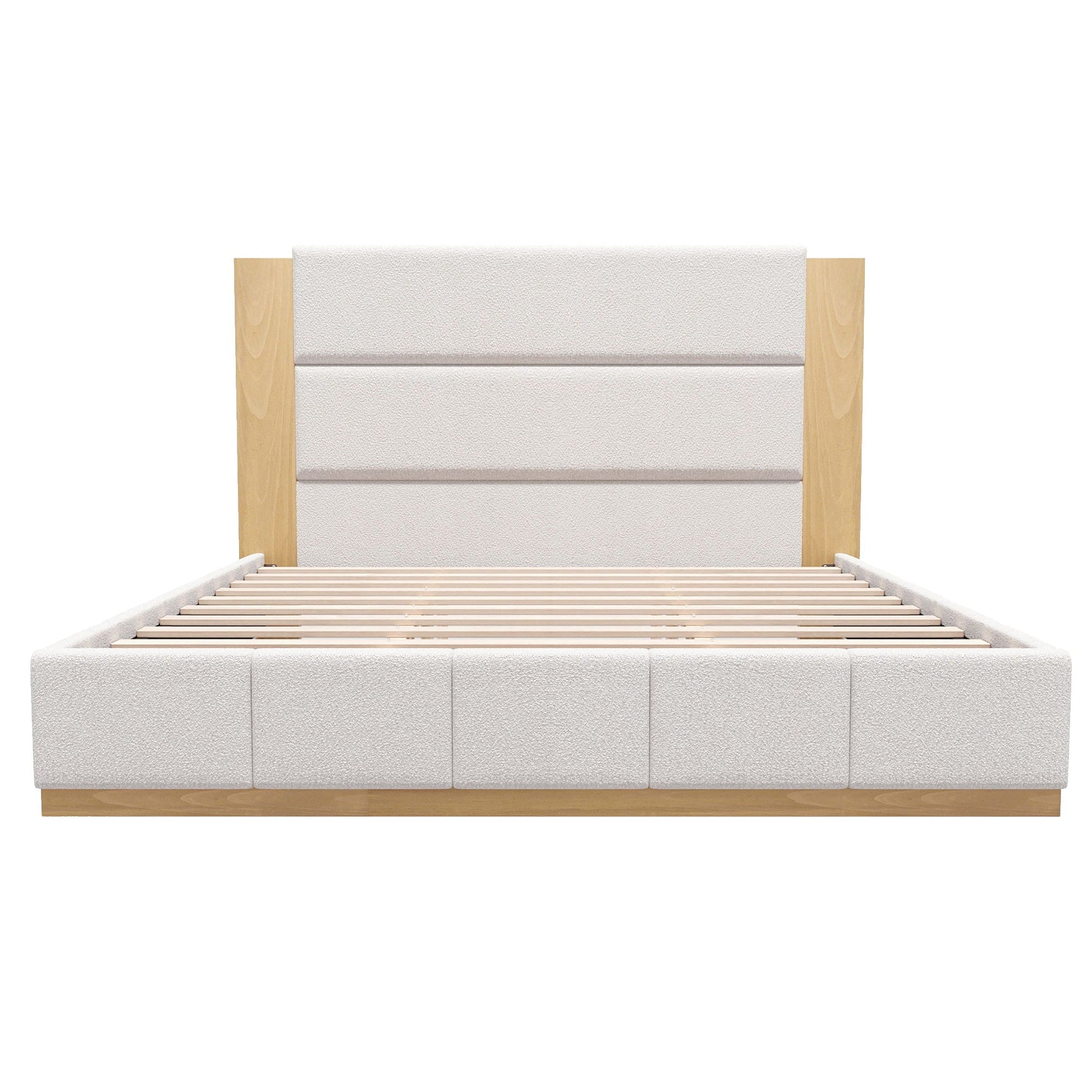 Modern upholstered platform bed with extended cream headboard, wood rails on Tampa Home & Garden Store