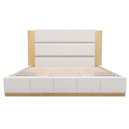Modern upholstered platform bed with extended cream headboard, wood rails on Tampa Home & Garden Store