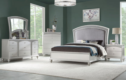 Maverick Panel Bed with grey upholstered headboard and glitter silver trim on Tampa Home & Garden Store