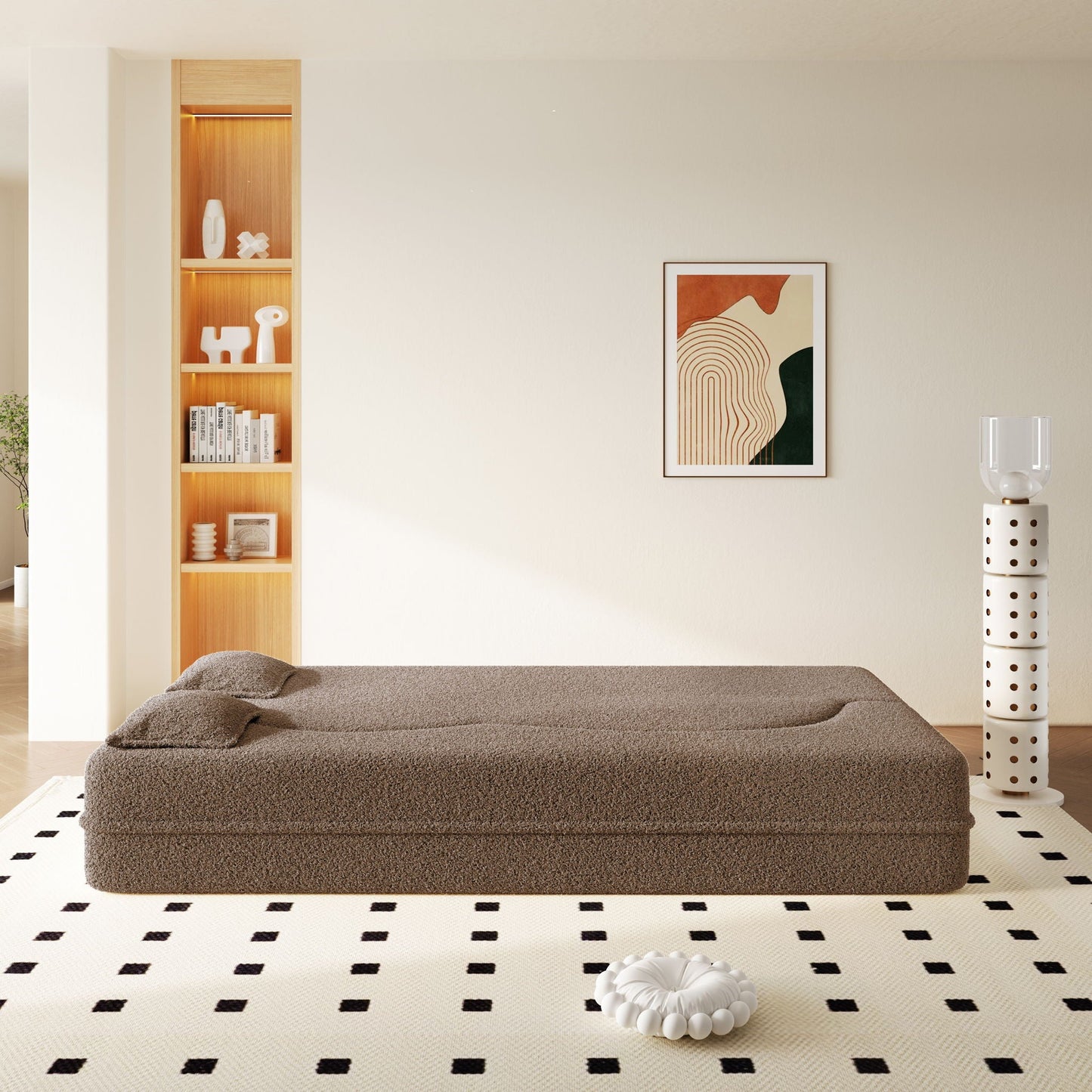 Modern Floor Sleeper Sofa Bed And Two Pillows