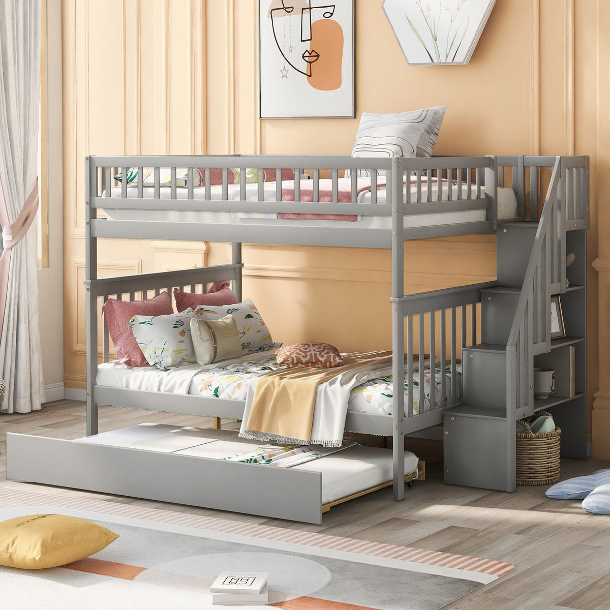 HouseOfZazla gray bunk bed with staircase, bunks and stairs in peach room on Tampa Home & Garden Store