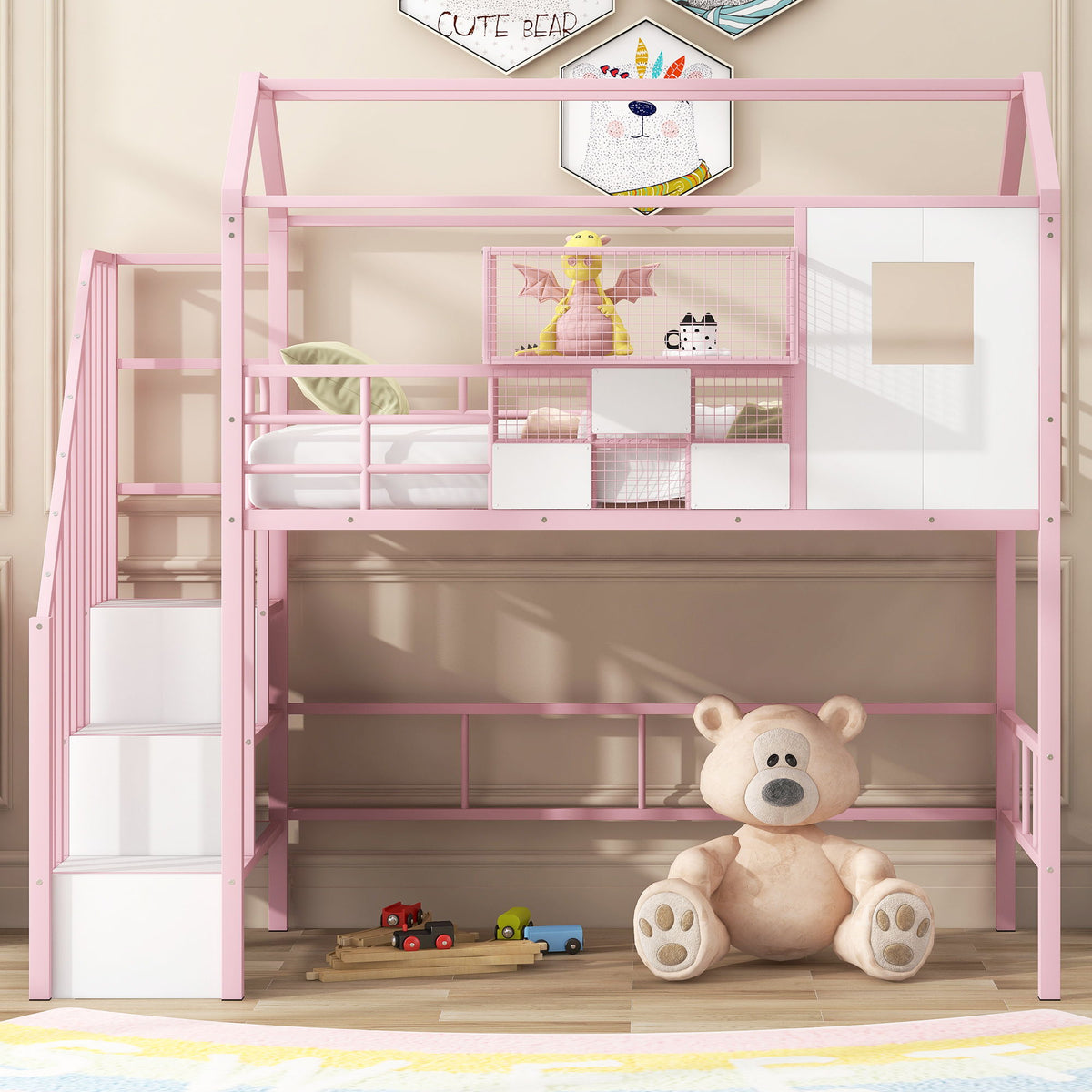 Pink metal loft bed by HouseOfZazla with guardrails, integrated ladder and storage cubes on Tampa Home & Garden Store