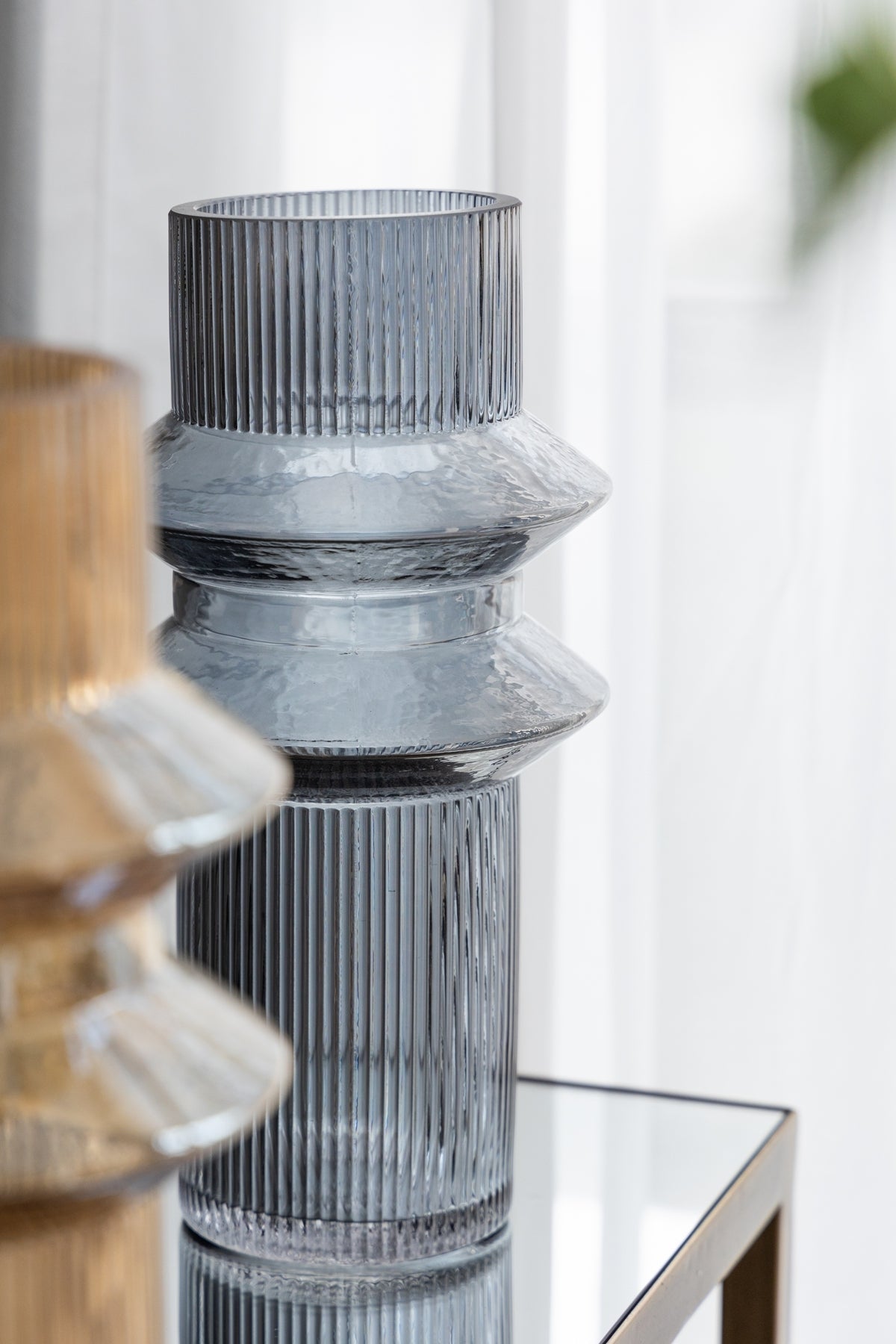 Clear Blue Glass Ribbed Accent Vases Set of 2