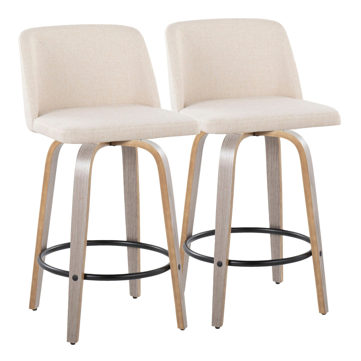 Toriano Contemporary counter stools set of 2 in beige fabric with wood legs and black footrest on Tampa Home & Garden Store