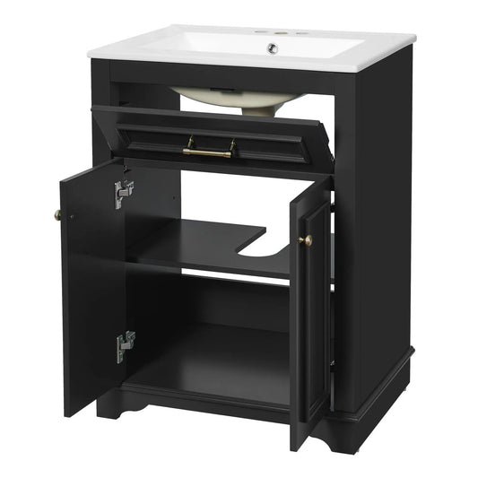 Bathroom vanity with integrated white sink, black 2-door cabinet with tip-out drawer on Tampa Home & Garden Store