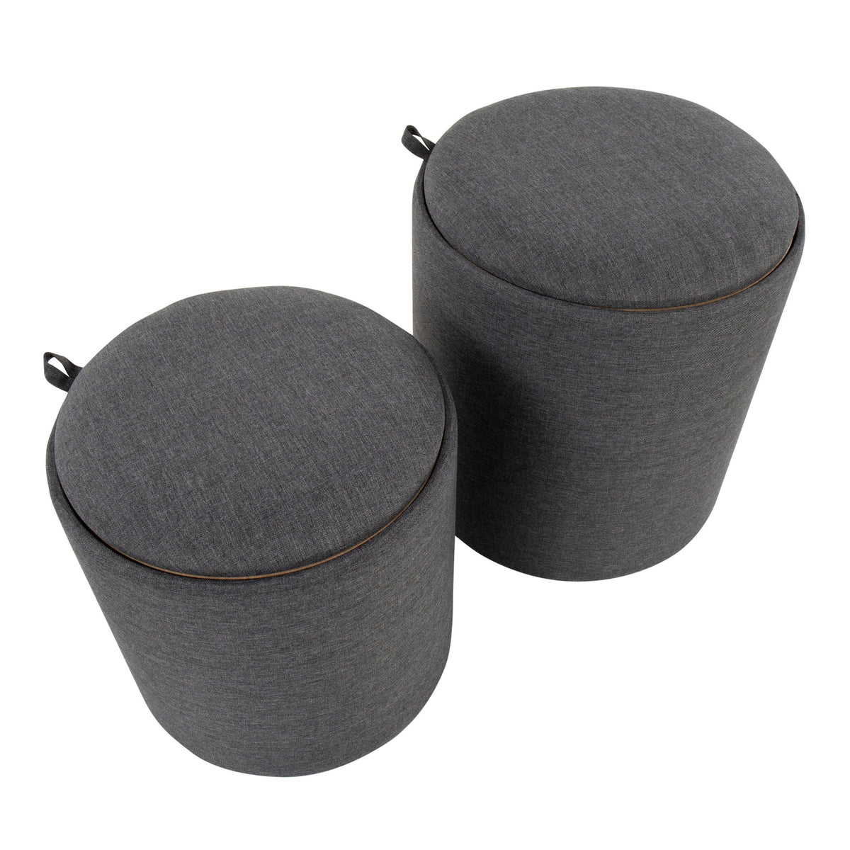 Round nesting ottomans in dark gray fabric with loop pulls on Tampa Home & Garden Store