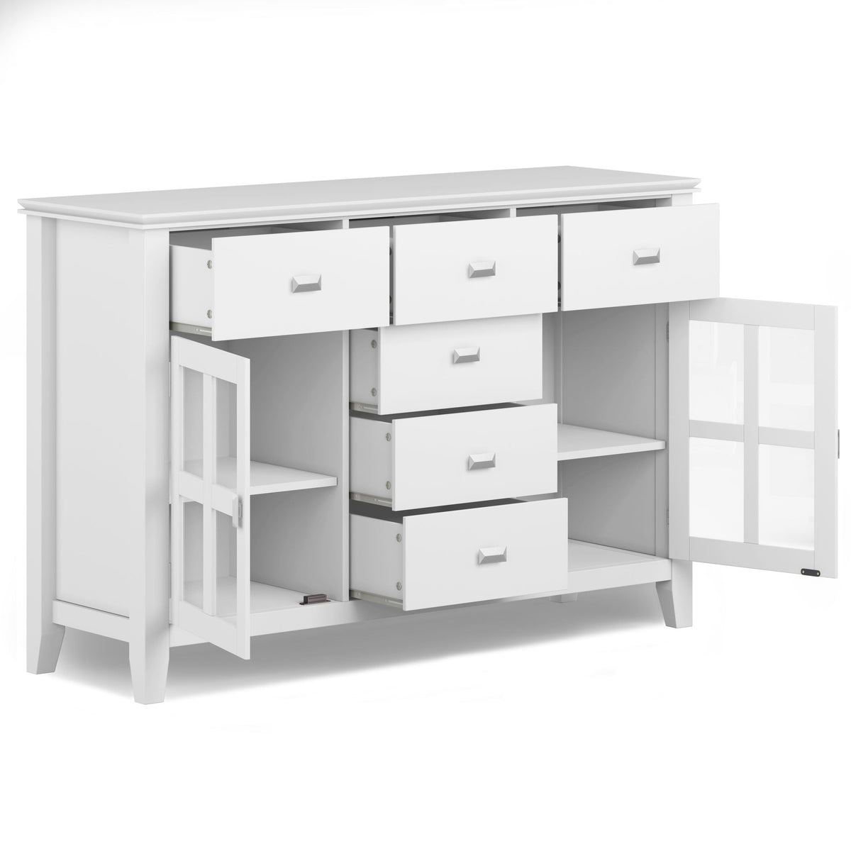 White solid wood sideboard buffet with glass storage panels on Tampa Home & Garden Store