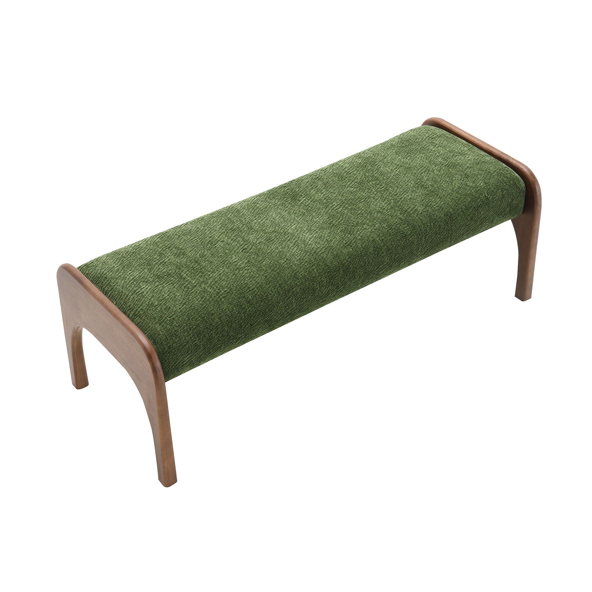 Modern Upholstered Long Kitchen Bench in green textured fabric with curved wooden legs on Tampa Home & Garden Store