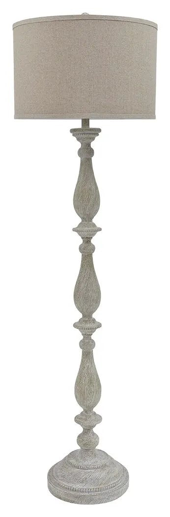 Bernadate floor lamp, whitewash poly body with beige fabric drum shade on Tampa Home & Garden Store