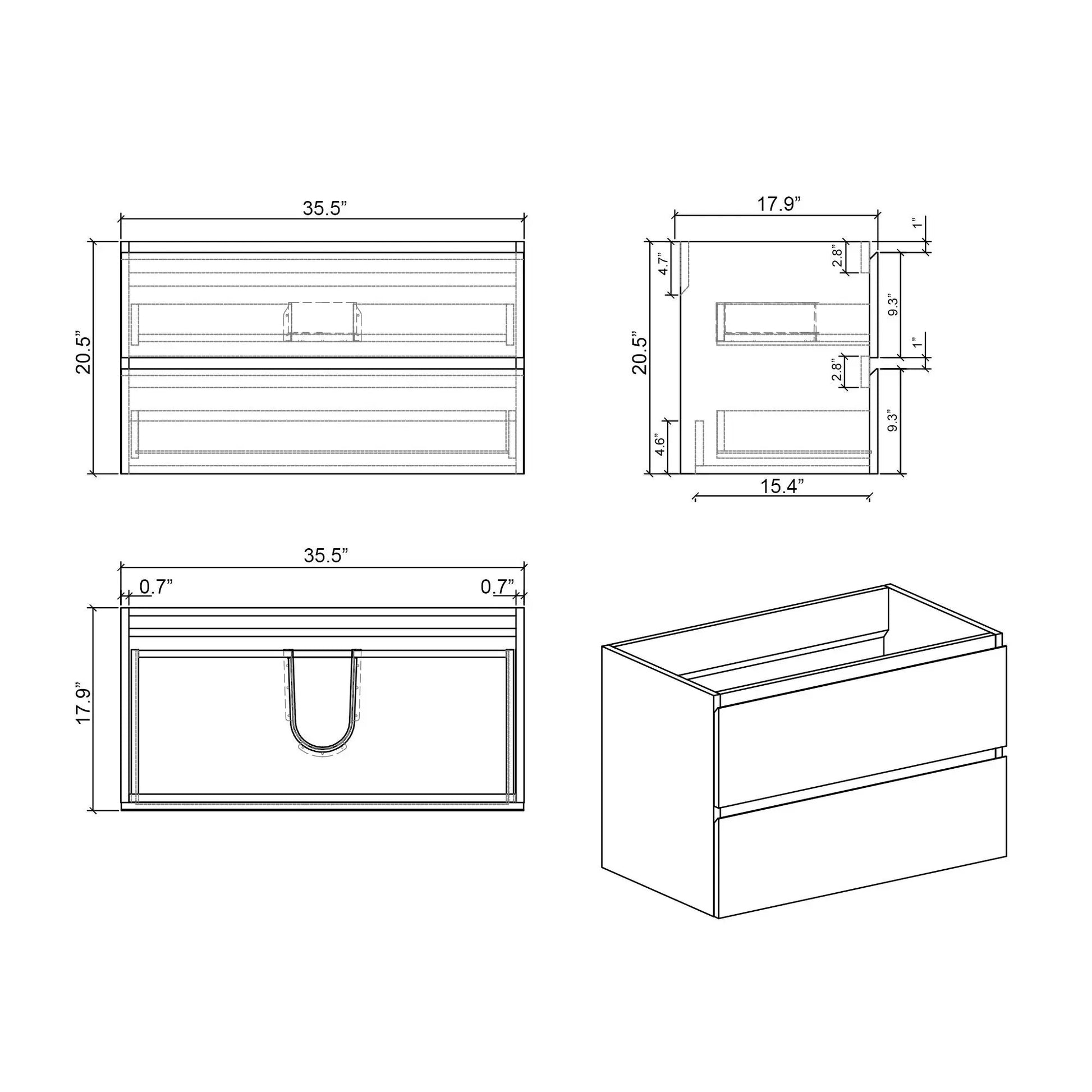 Alice bathroom vanity blueprint; wall-mounted floating vanity with large storage, 35.5in wide on Tampa Home & Garden Store