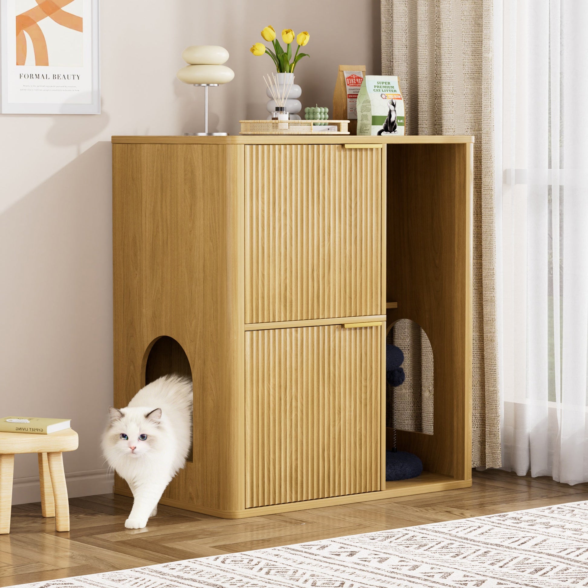31.5-inch light wood cat litter cabinet with cat tree by HouseOfZazla, pet furniture on Tampa Home & Garden Store