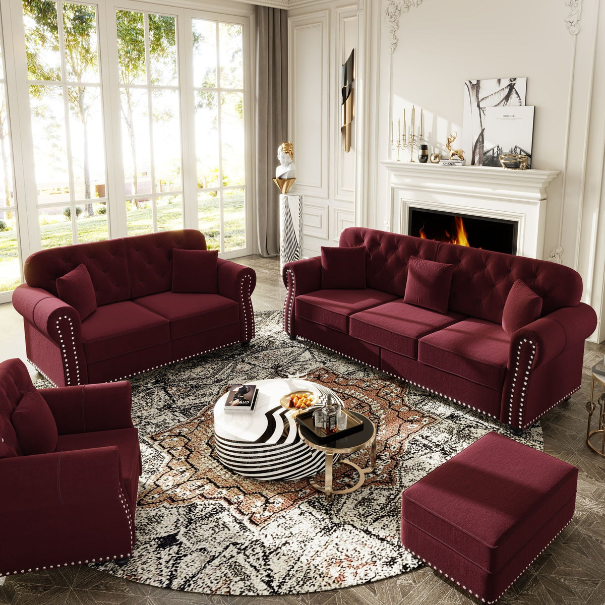 Upholstered Sofa Set with Nailhead and Pillows