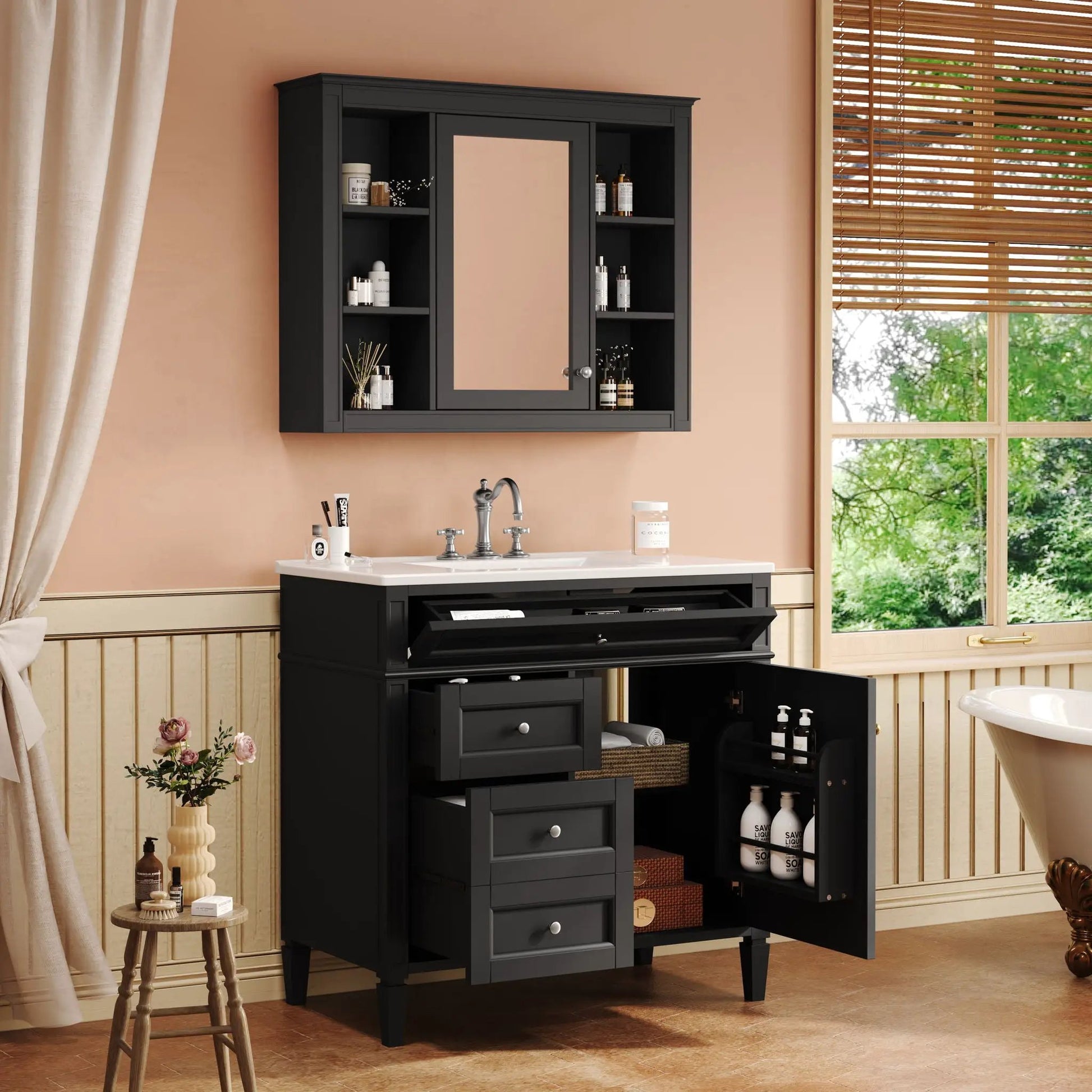 Bathroom vanity with mirror cabinet in dark gray, sink, 2 softclose doors and 4 drawers on Tampa Home & Garden Store
