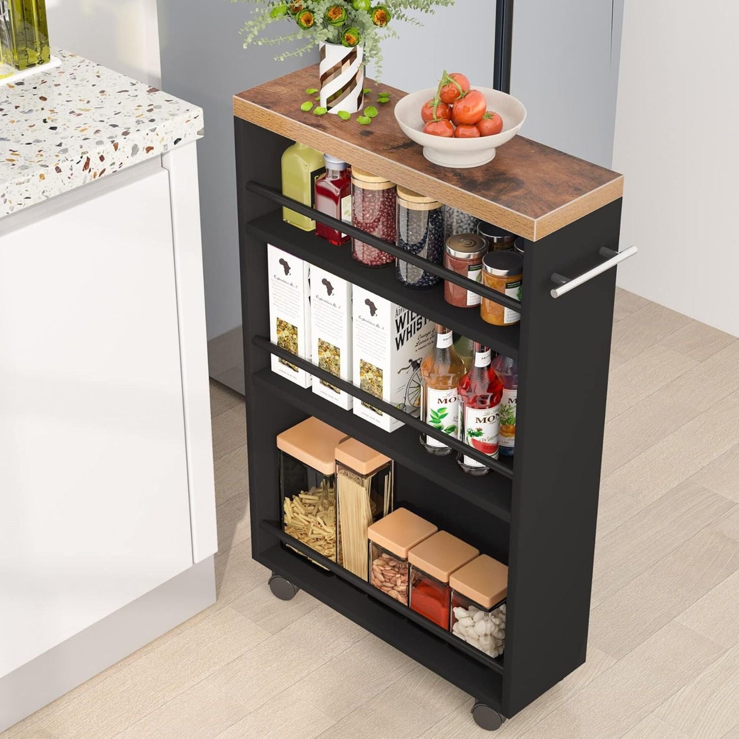 4 Tier Narrow Rolling Kitchen Slim Storage Cart by HouseOfZazla, black frame with wood top on wheels on Tampa Home & Garden Store