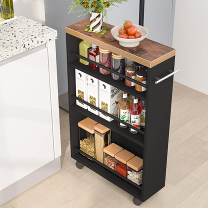 4 Tier Narrow Rolling Kitchen Slim Storage Cart by HouseOfZazla, black frame with wood top on wheels on Tampa Home & Garden Store