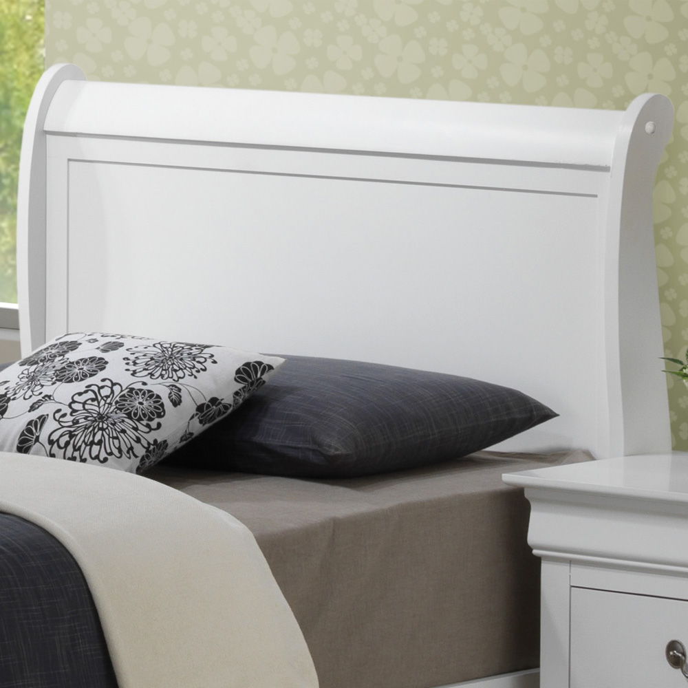 Upholstered panel sleigh bed in white with curved headboard and storage bed design on Tampa Home & Garden Store