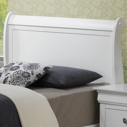 Upholstered panel sleigh bed in white with curved headboard and storage bed design on Tampa Home & Garden Store