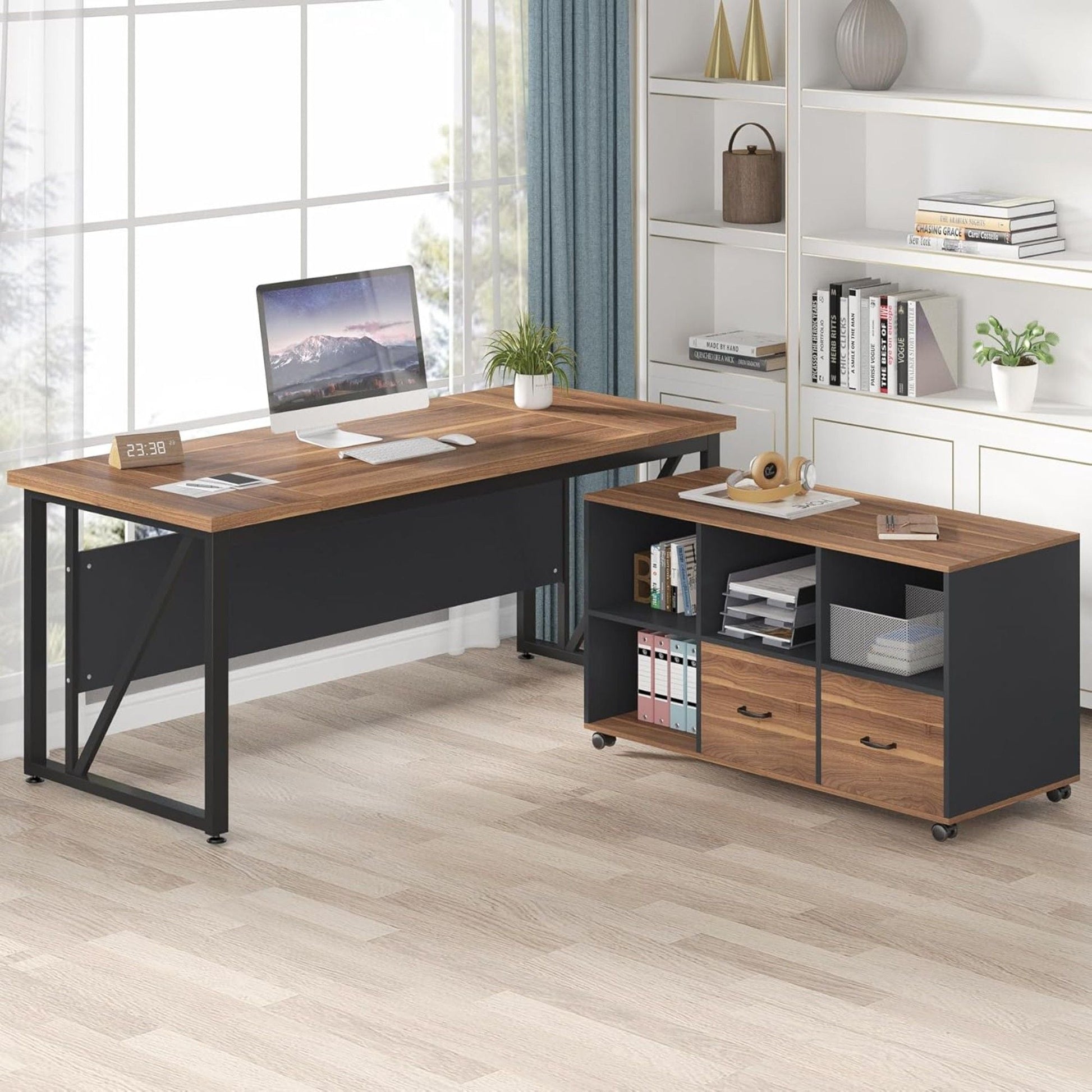 L-shaped executive desk with brown wood top and black frame; mobile file cabinet and shelves on Tampa Home & Garden Store