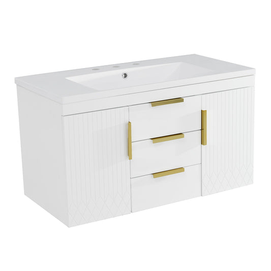 Wall-mounted vanity by HouseOfZazla with sink, white gloss, storage cabinet, gold handles on Tampa Home & Garden Store