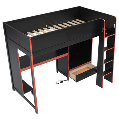 Gaming loft bed with built-in desk, wardrobe, LED lighting and drawer in black with red trim on Tampa Home & Garden Store