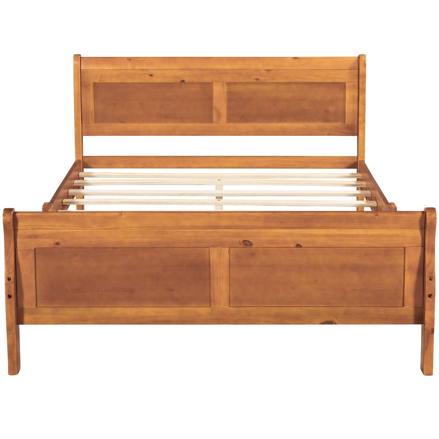 Platform bed frame with headboard and footboard in warm wood finish and wooden slat support on Tampa Home & Garden Store