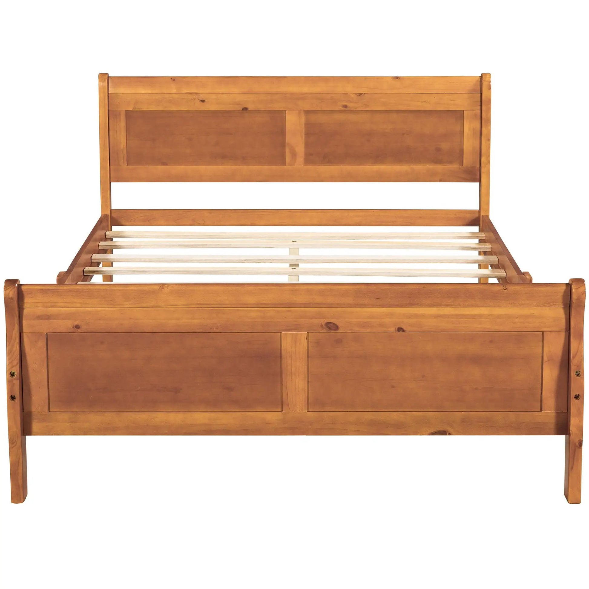 Platform bed frame with headboard and footboard in warm wood finish and wooden slat support on Tampa Home & Garden Store